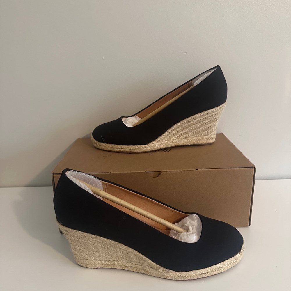 J. Crew Black and Cream Wedge Heels with Slip-On Design
